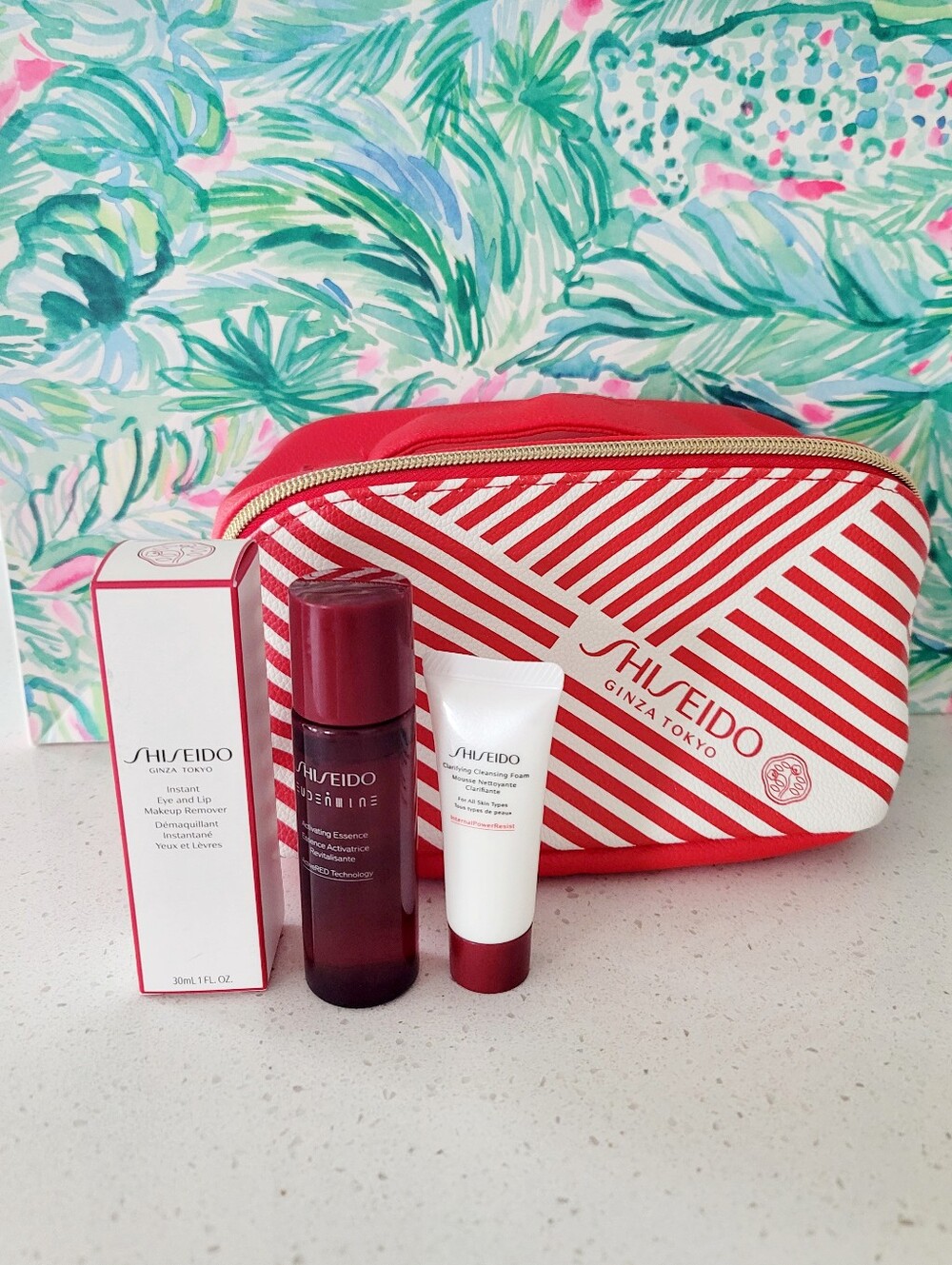 New Shiseido Skincare Trio with Red & White Striped Cosmetic Pouch, Travel Size